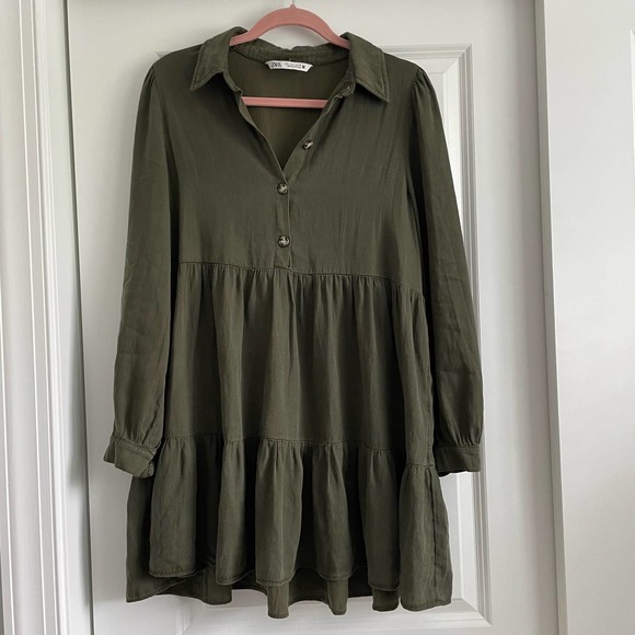 Zara Dresses & Skirts - Zara Army Greem Button Down Tiered Long Sleeve Babydoll Dress Size L